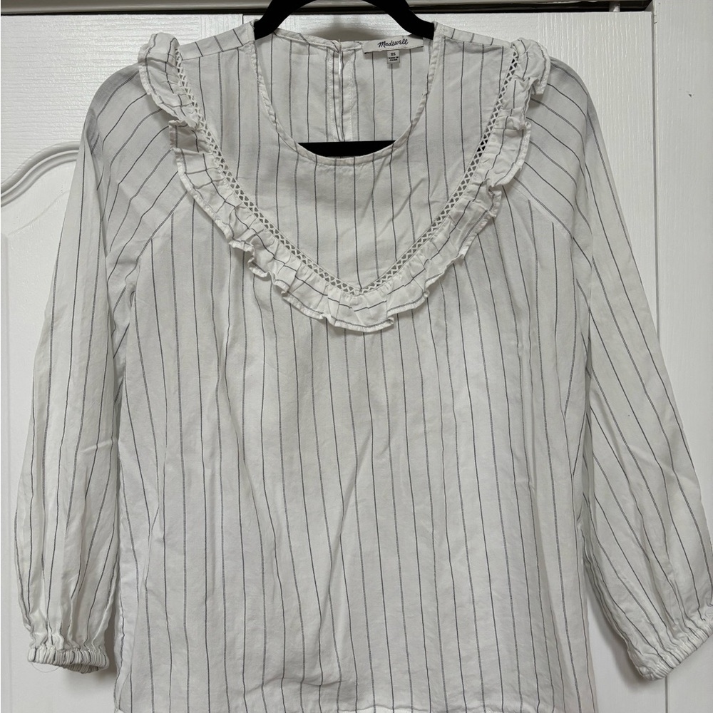 Madewell White and Black Striped ruffled Blouse XS
